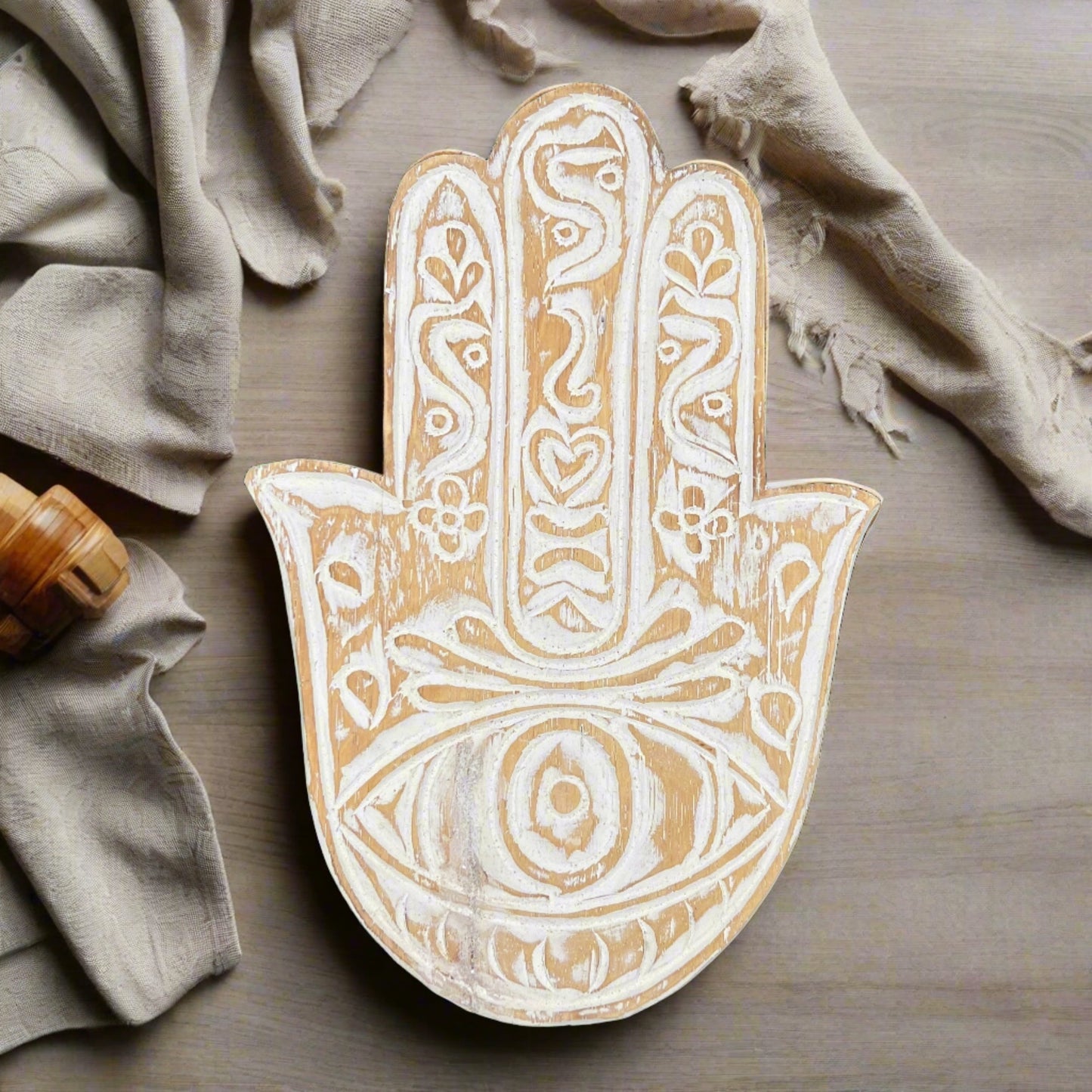 hand carved hamsa hand white wood plate, from front