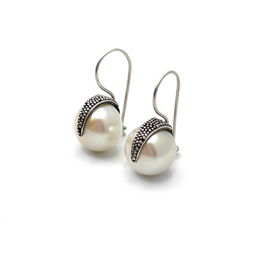 Sterling Silver Round Drop Pearl Earrings