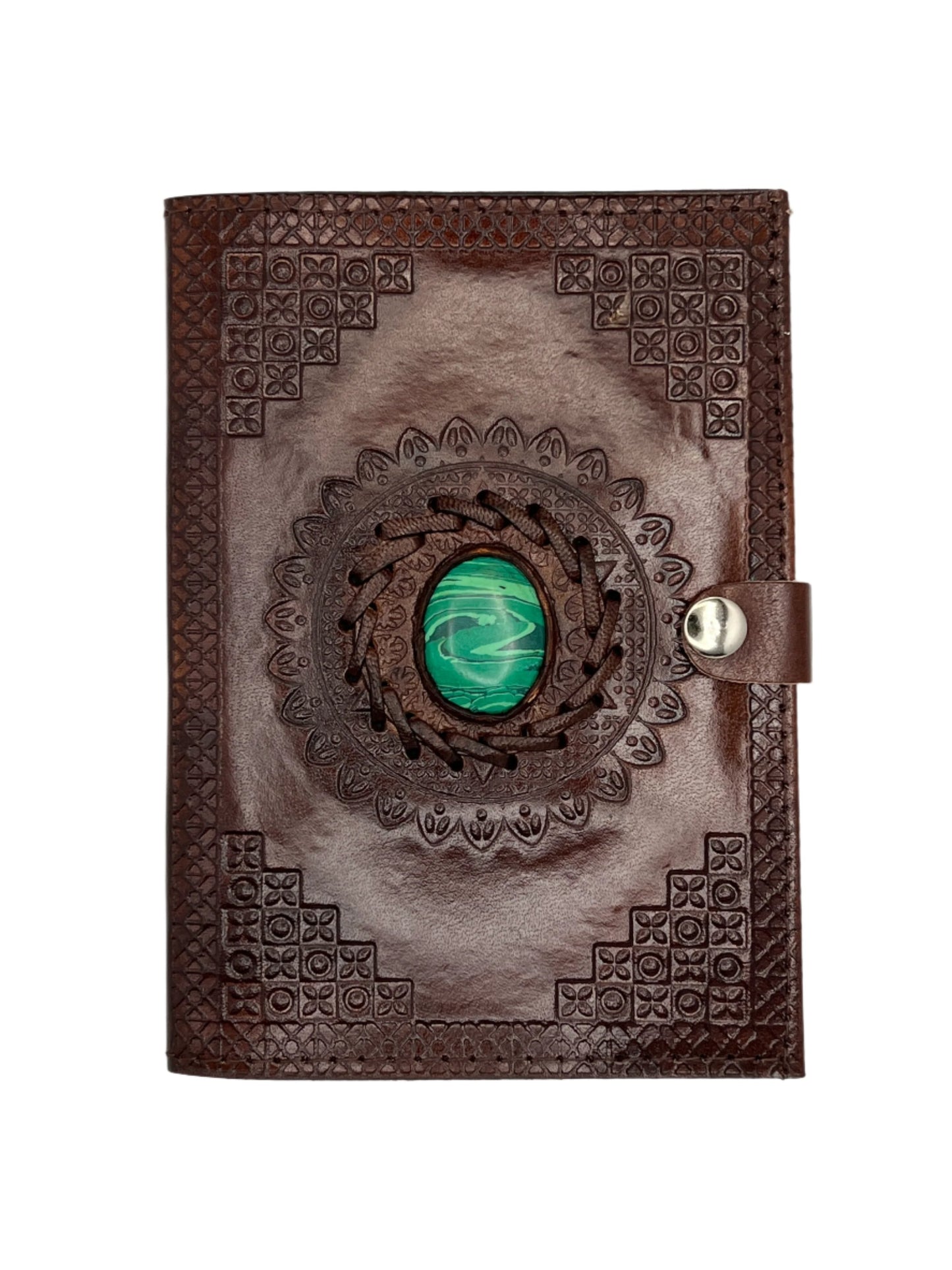 Camel Leather Gemstone Journal | Blocked Leaf Mandala | 7" x 5" x 1/2"