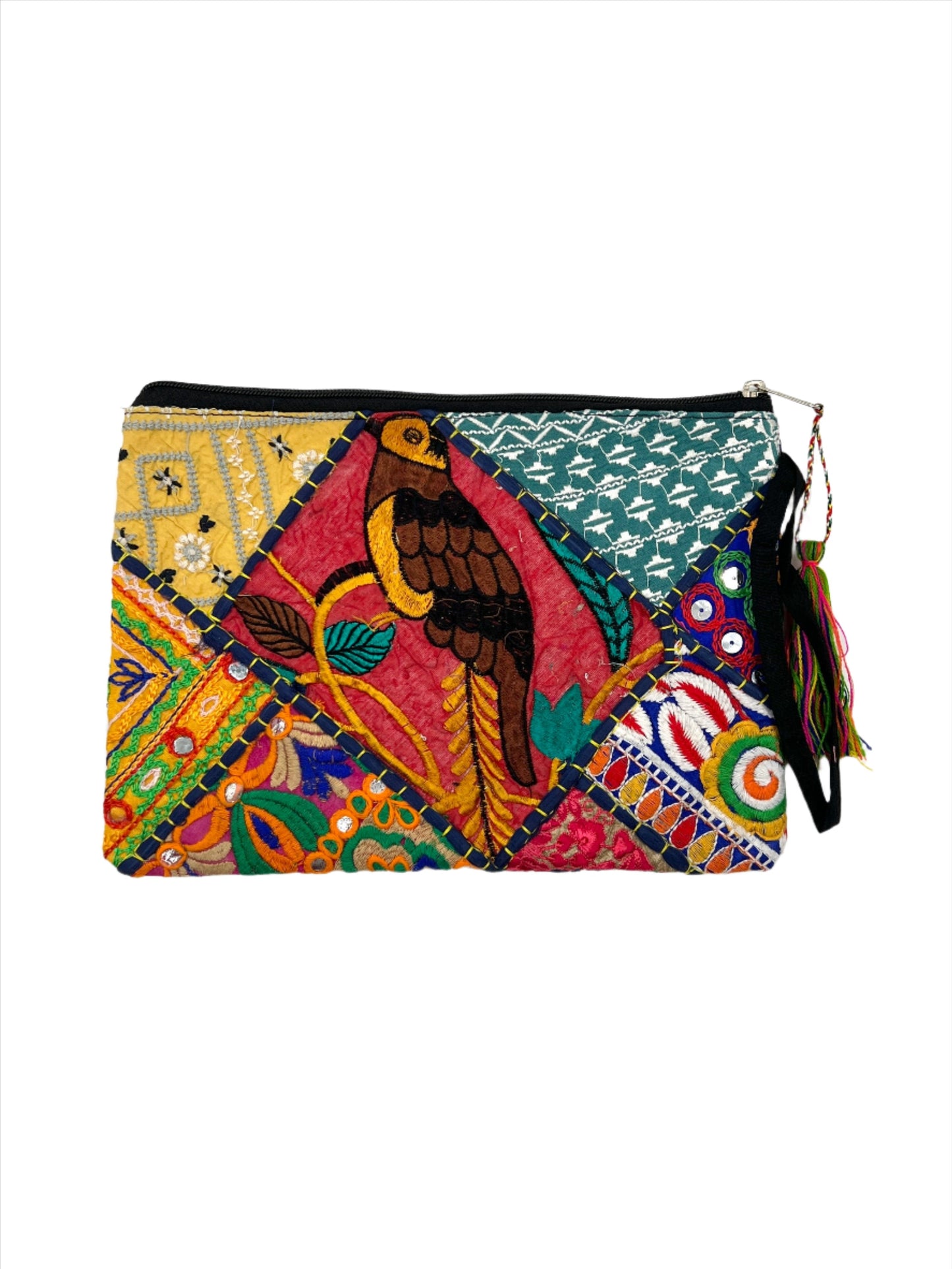 Rectangle Recycled Hand Embroidered Rajasthani Zipper Bag | Tassel