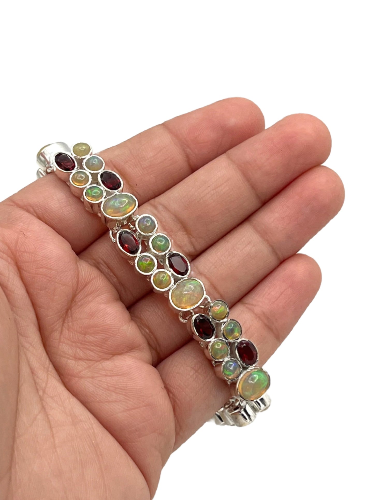 Sterling Silver Ethiopian Opal & Garnet Bracelet