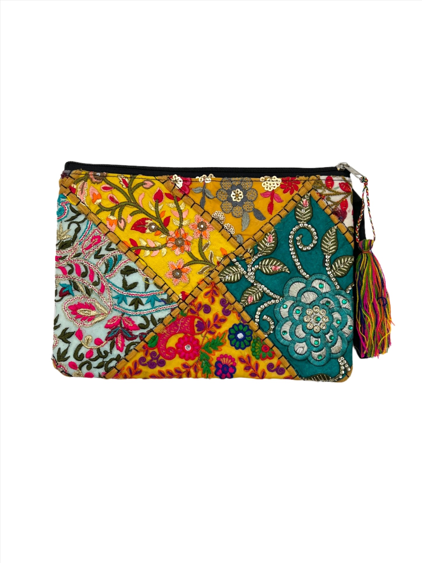 Rectangle Recycled Hand Embroidered Rajasthani Zipper Bag | Tassel