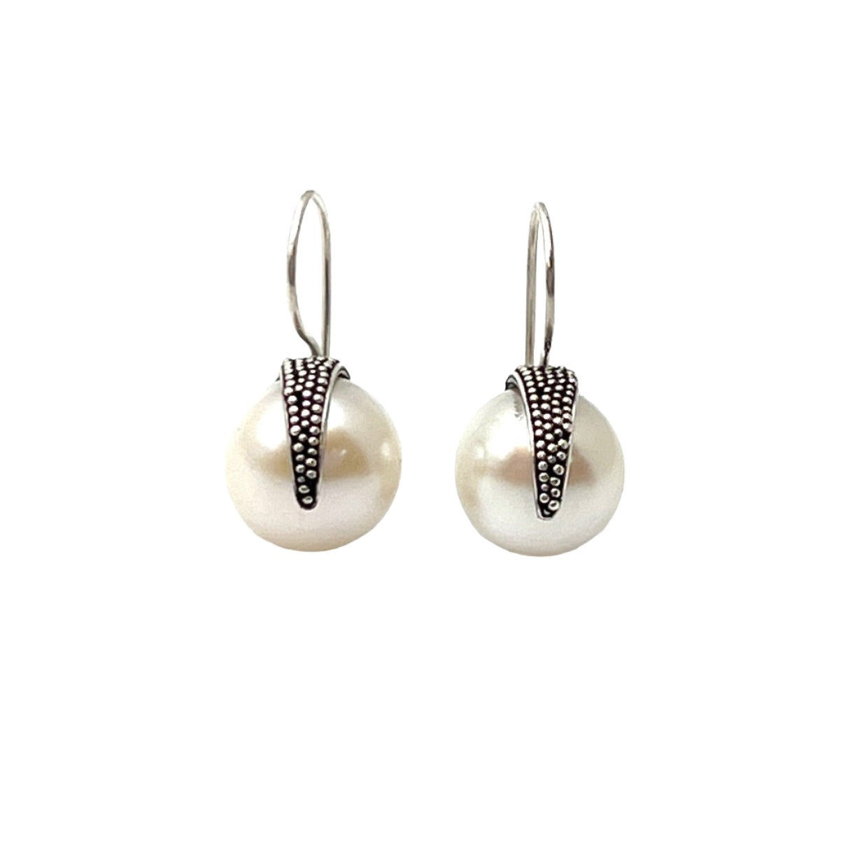 Sterling Silver Round Drop Pearl Earrings