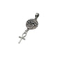 Silver pendant with decorative design and cross on a light gray background