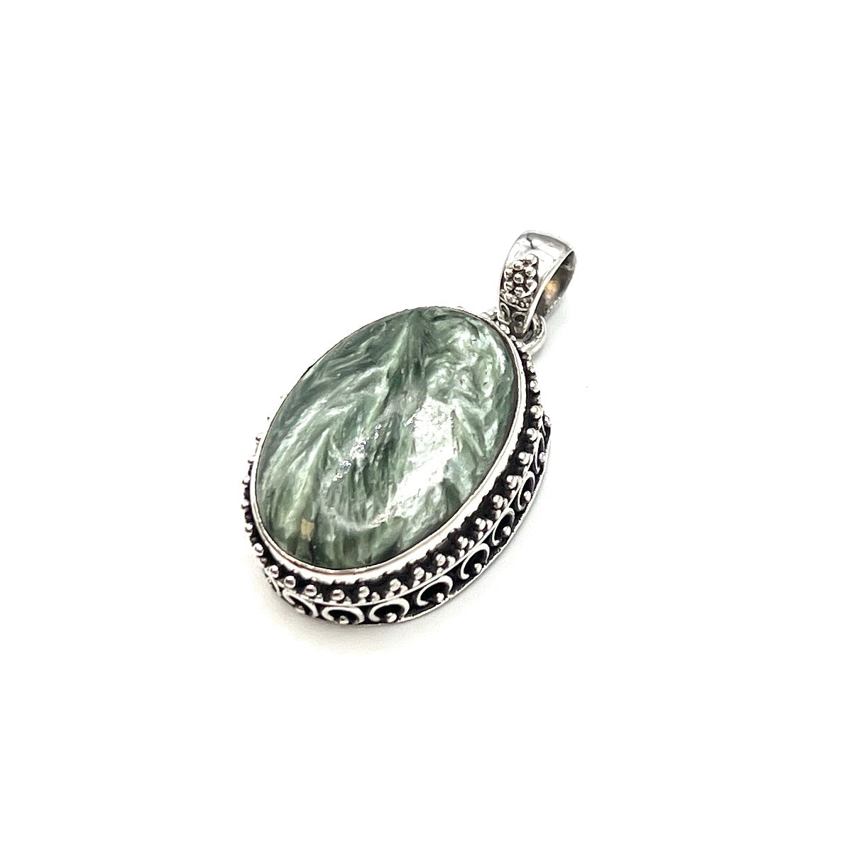 Sterling Silver Beaded Seraphinite Oval Pendants