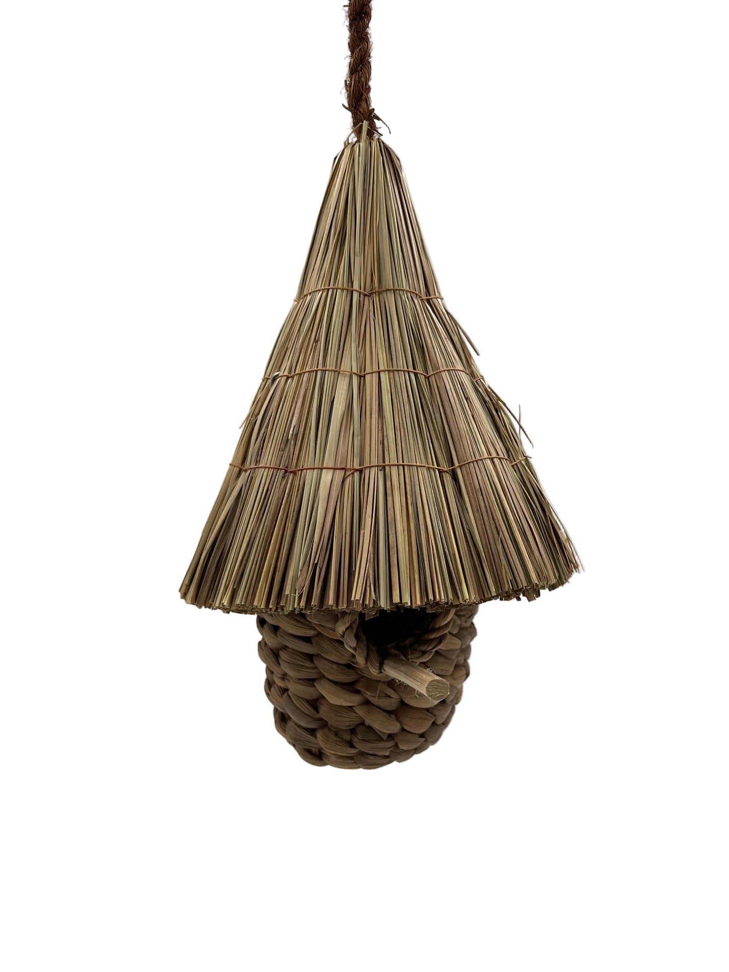 Birdhouse made of seagrass and hyacinth on a white background