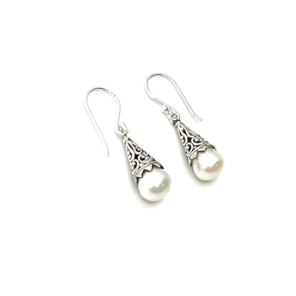 Sterling Silver Filigree Drop Pearl Earrings