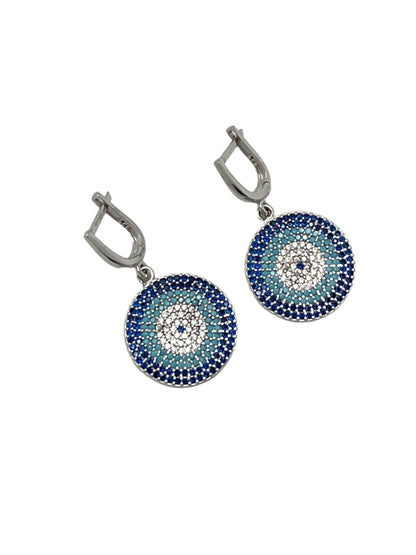 Silver Evil Eye Flat Dangle Earrings
