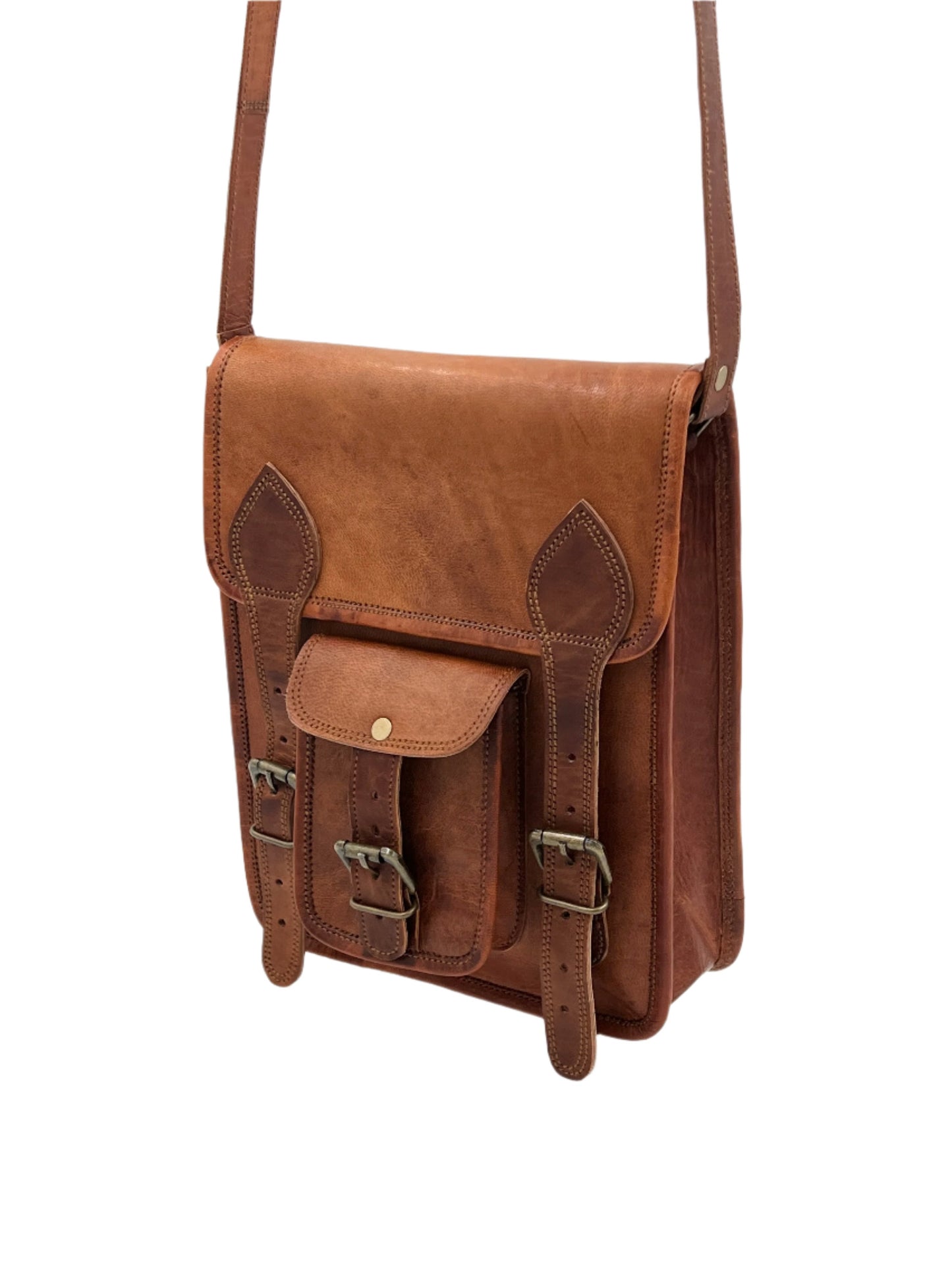 Camel Leather Cross Body Messenger Bag