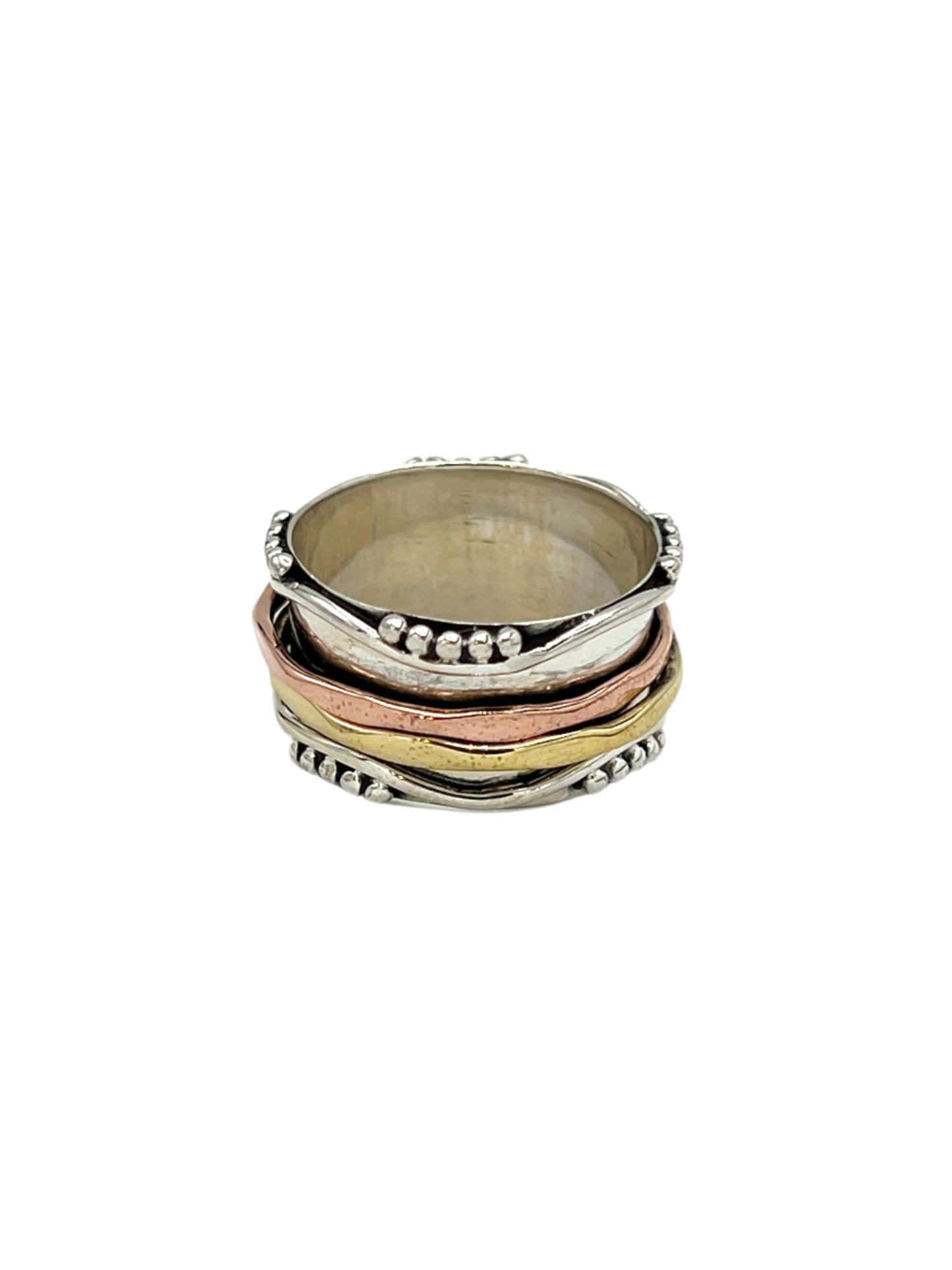 Silver Multi Metal Wavy Beaded Spinner Ring