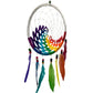 Dreamcatcher with rainbow design and colorful feathers on a white background