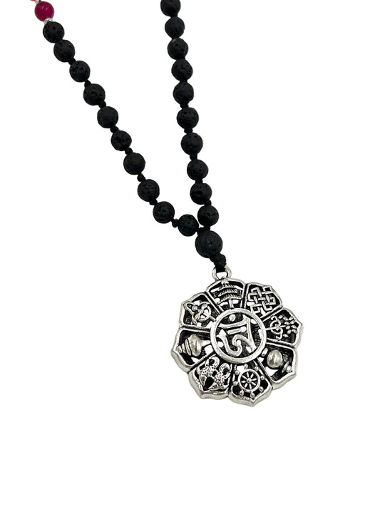 Hand knotted Lava Stone Astamangala Charka Mala