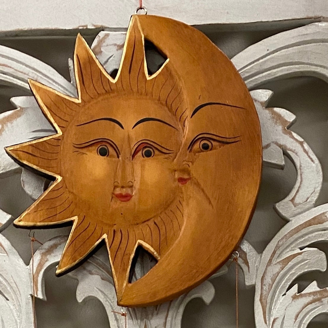 Handcarved and Painted Sun and Moon Mobile