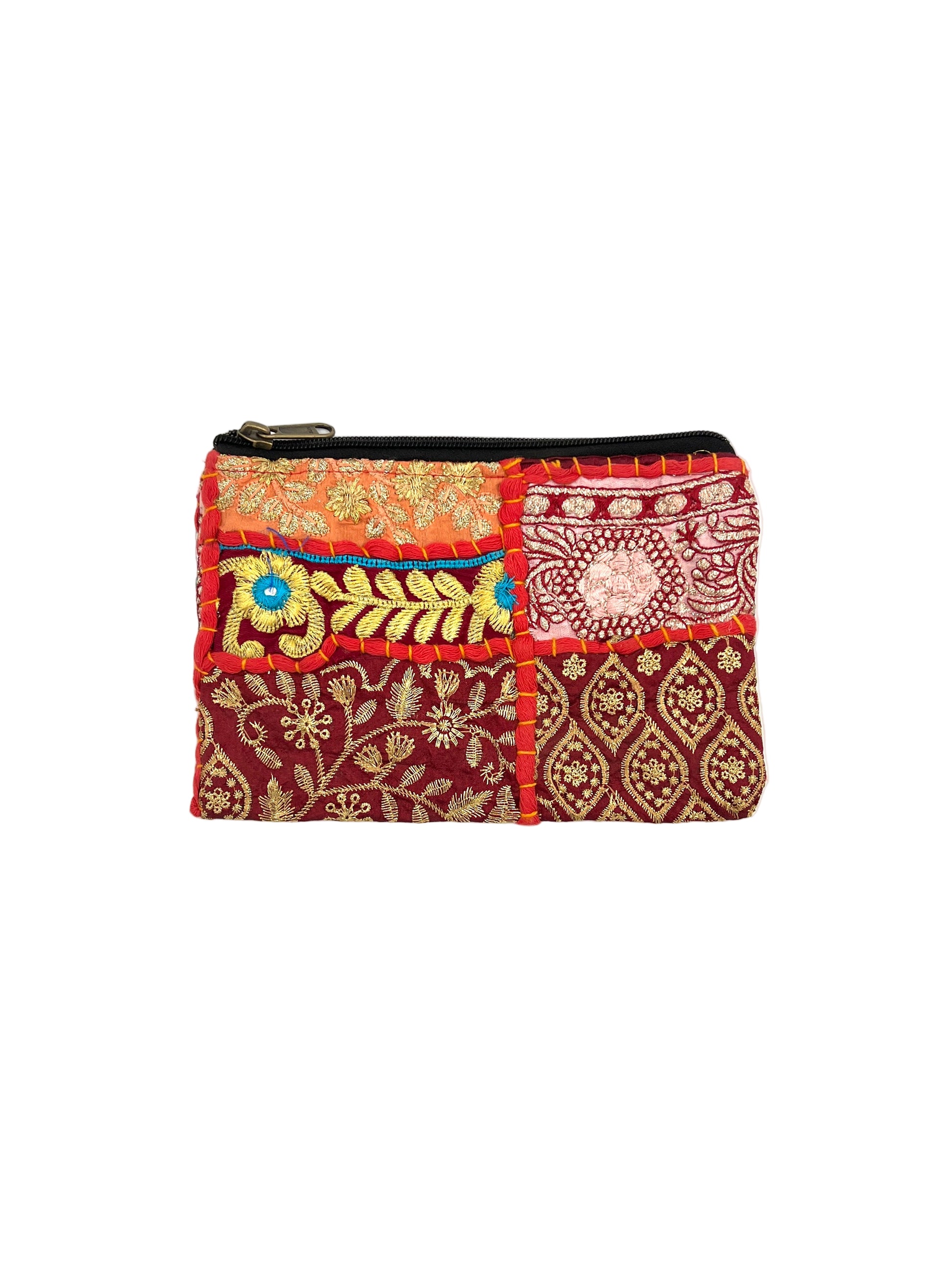 Multicolored patchwork pouch with intricate patterns on a white background