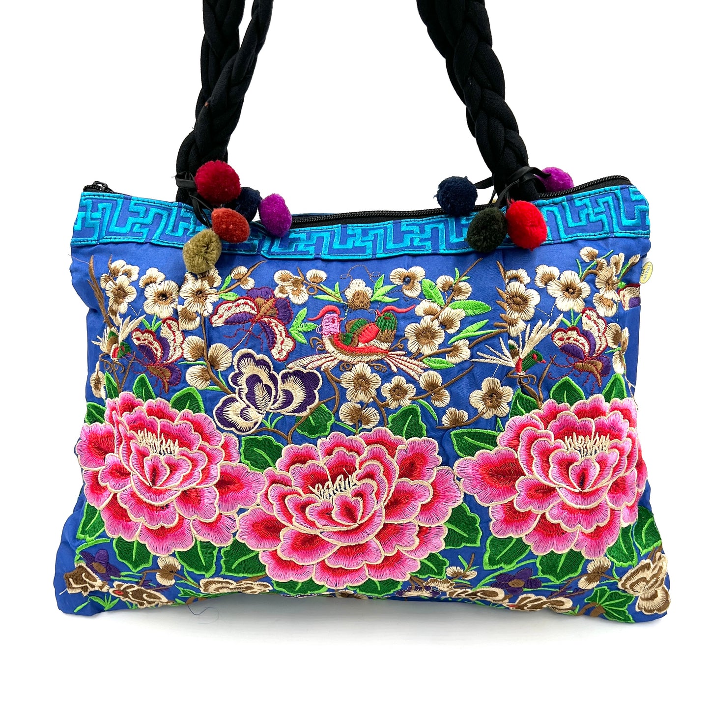 Large Embroidered Lotus Market Bag w/ Pompoms