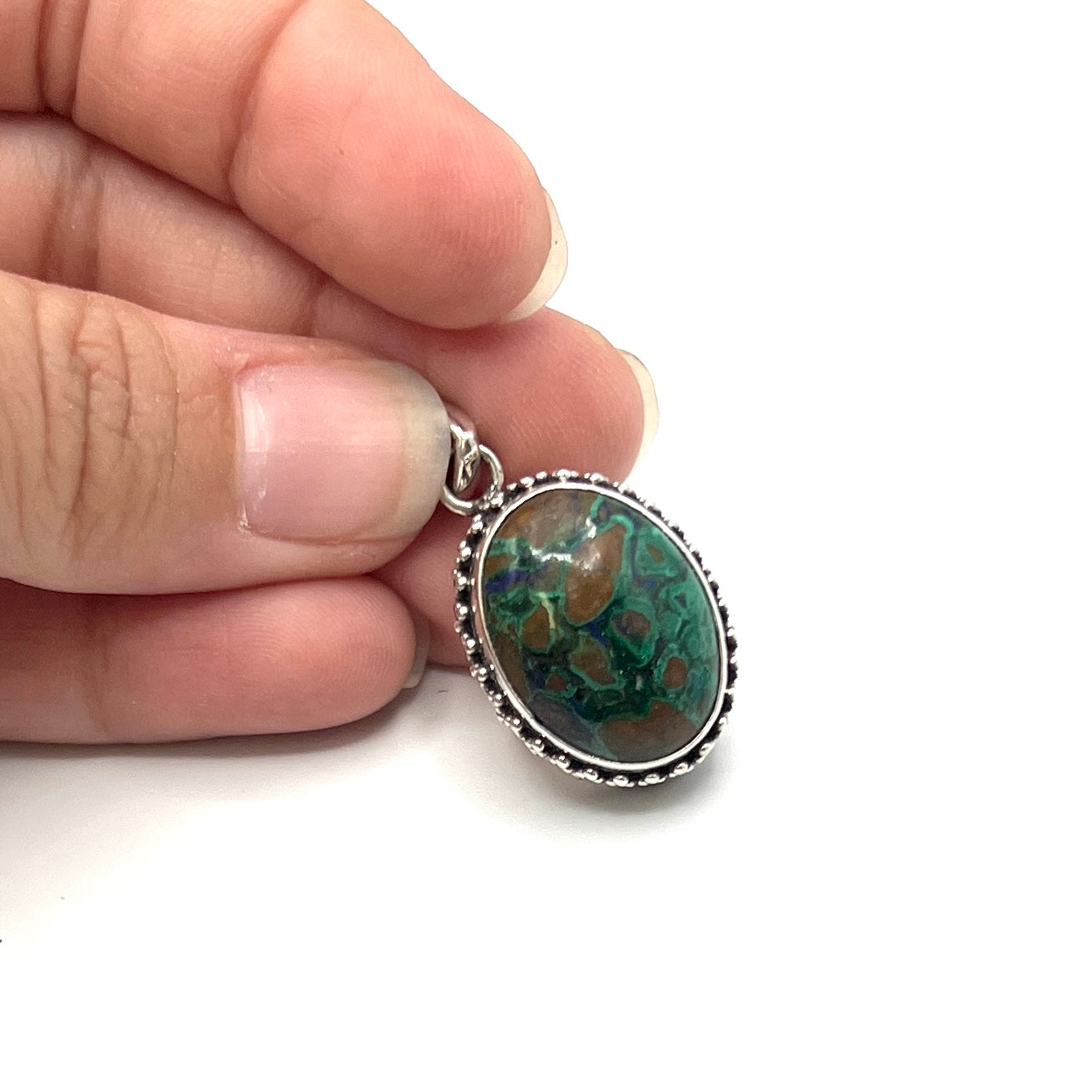 Sterling Silver Beaded Azurite & Malachite Oval Pendants