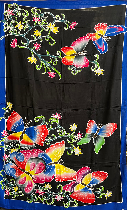 Hand Batiked Large Butterfly Sarongs Black w Blue border