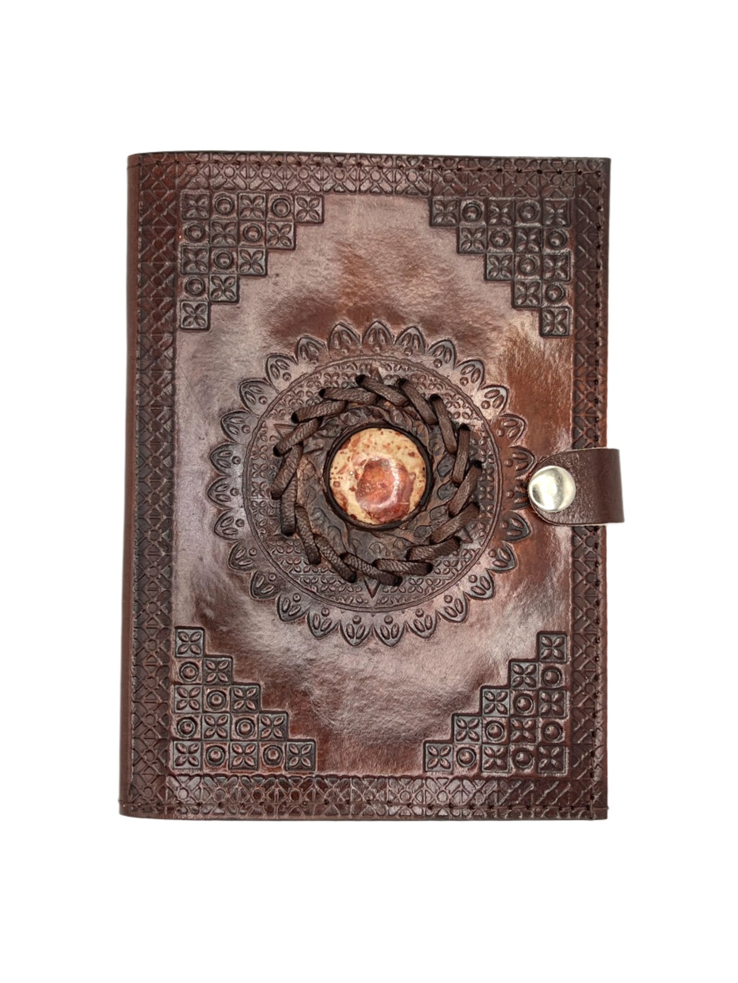 Camel Leather Gemstone Journal | Blocked Leaf Mandala | 7" x 5" x 1/2"