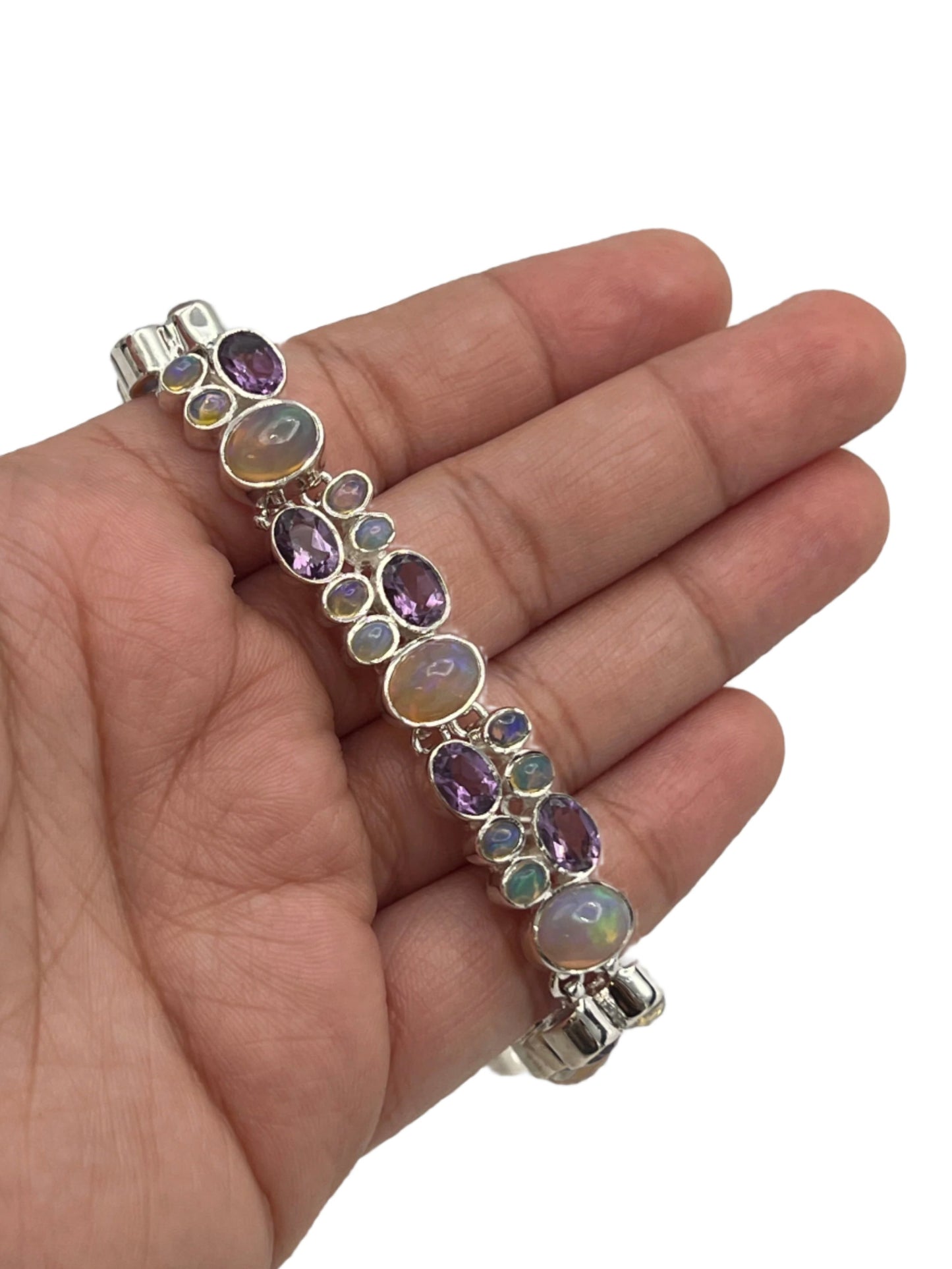 Sterling Silver Ethiopian Opal & Amethyst Bracelet