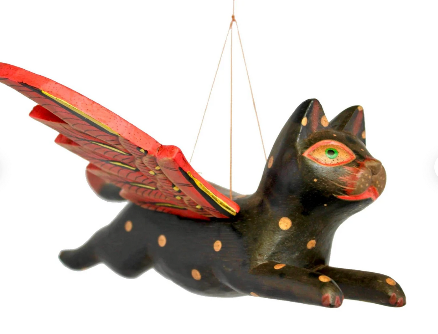 Hand Carved Flying Kitty Spirit chaser Black & Tan Polka Dot