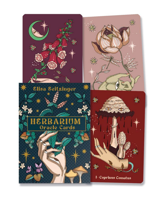 Four oracle cards with artistic designs and 'Herbarium Oracle Cards' text on a white background