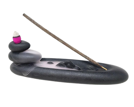 Incense burner with incense sticks on a white background