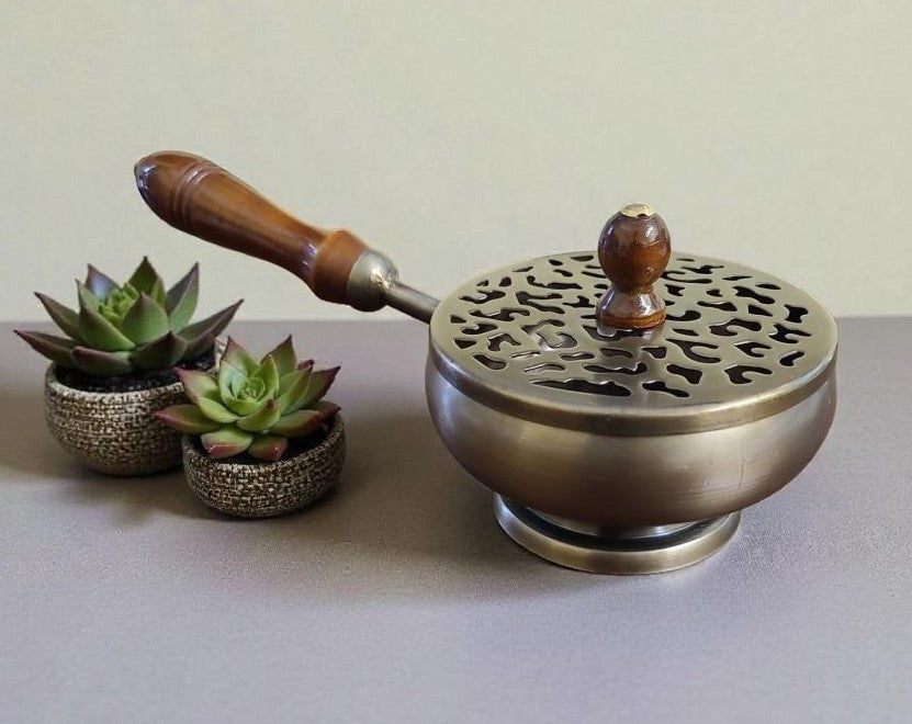 Bronze Finish Metal Charcoal Burner with Lid & Wooden Handle