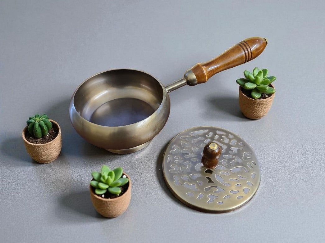 Bronze Finish Metal Charcoal Burner with Lid & Wooden Handle
