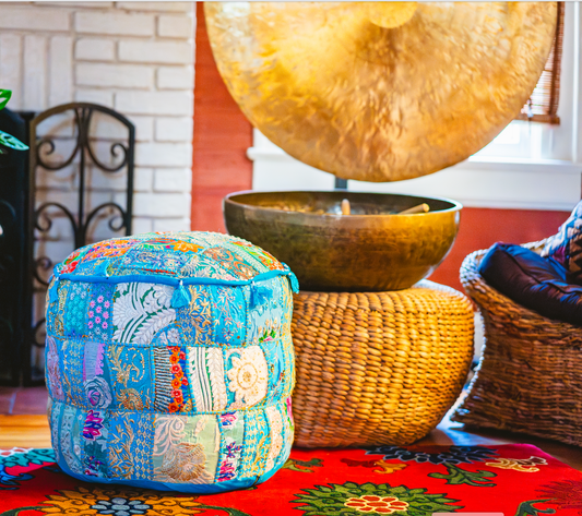 Large Rajasthani Patchwork Fabric Ottoman | 10 Colors