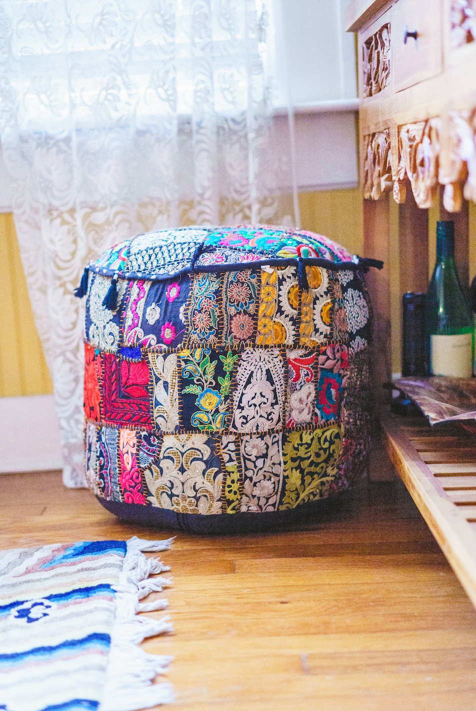 Large Rajasthani Patchwork Fabric Ottoman | 10 Colors
