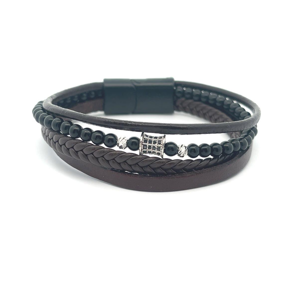 Multi-Strand Braided Leather and Black Onyx Beaded Bracelet