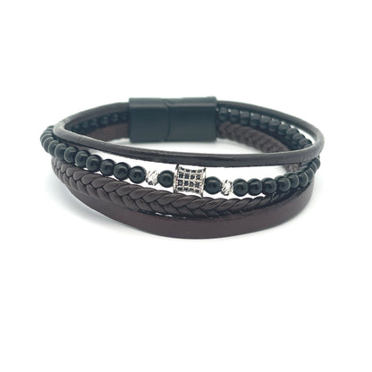 Multi-Strand Braided Leather and Black Onyx Beaded Bracelet