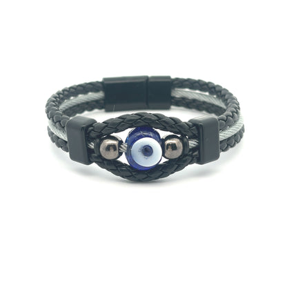 Braided Leather & Wire Evil Eye Beaded Bracelet