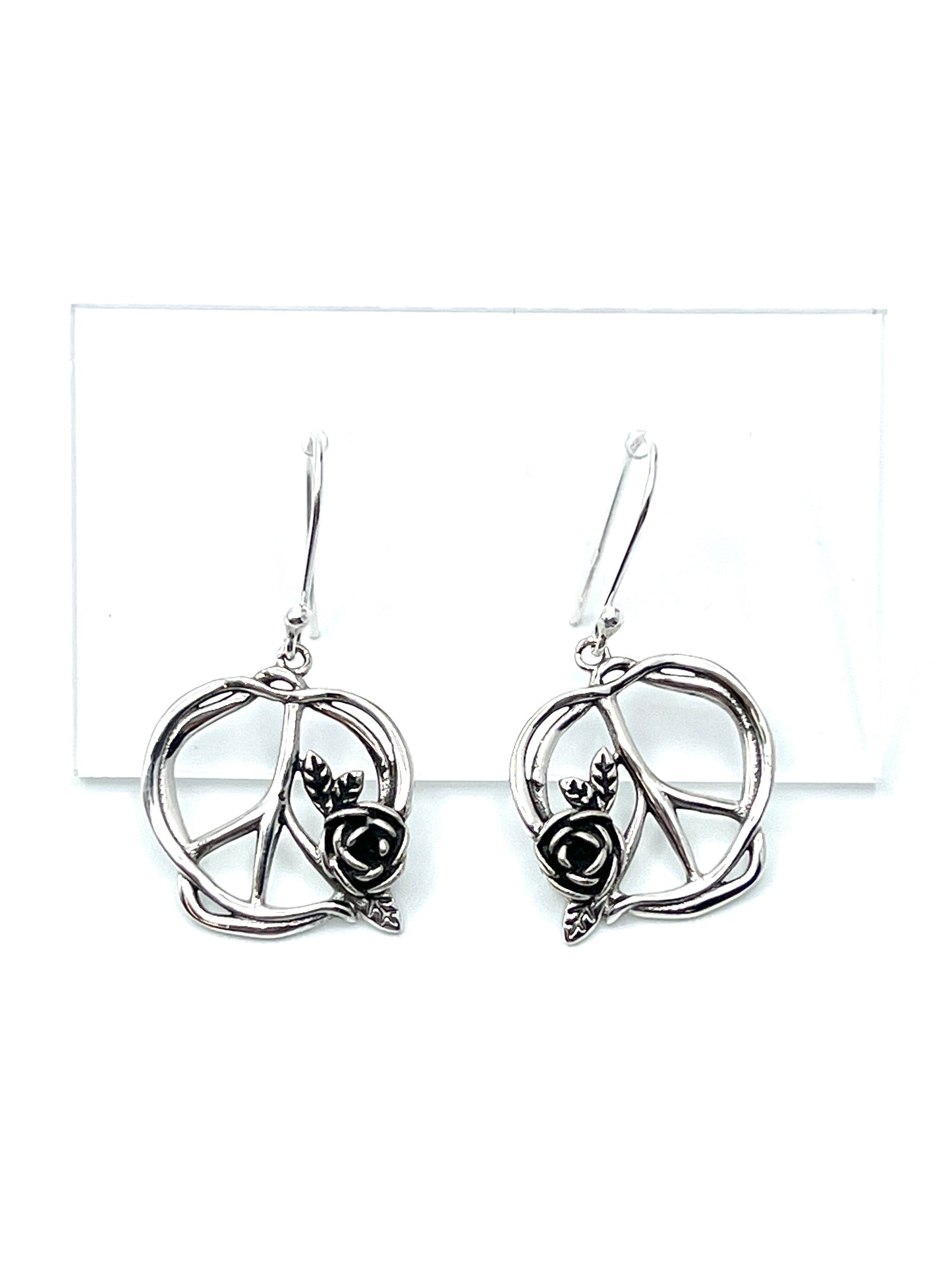 Sterling Silver Peace Sign with Rose Earrings