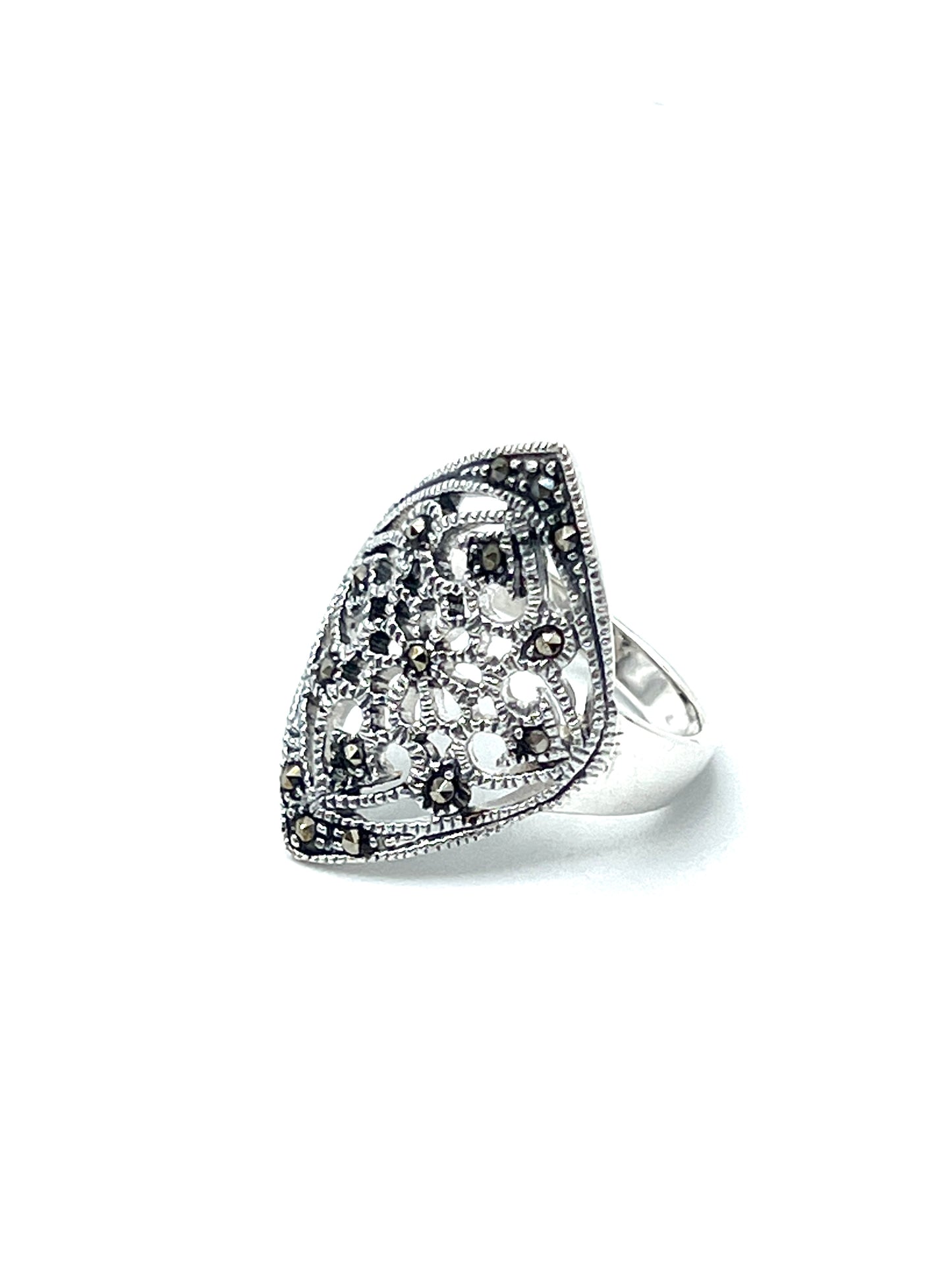 Sterling Silver Marcasite Flower Shield Ring