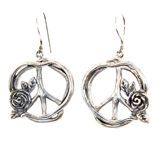 Sterling Silver Peace Sign with Rose Earrings