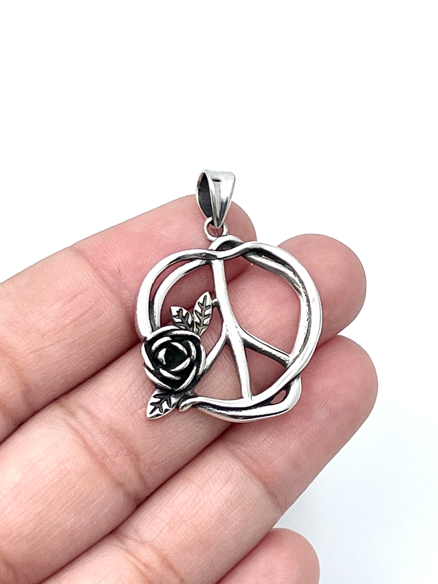 Sterling Silver Peace Sign with Rose Pendant