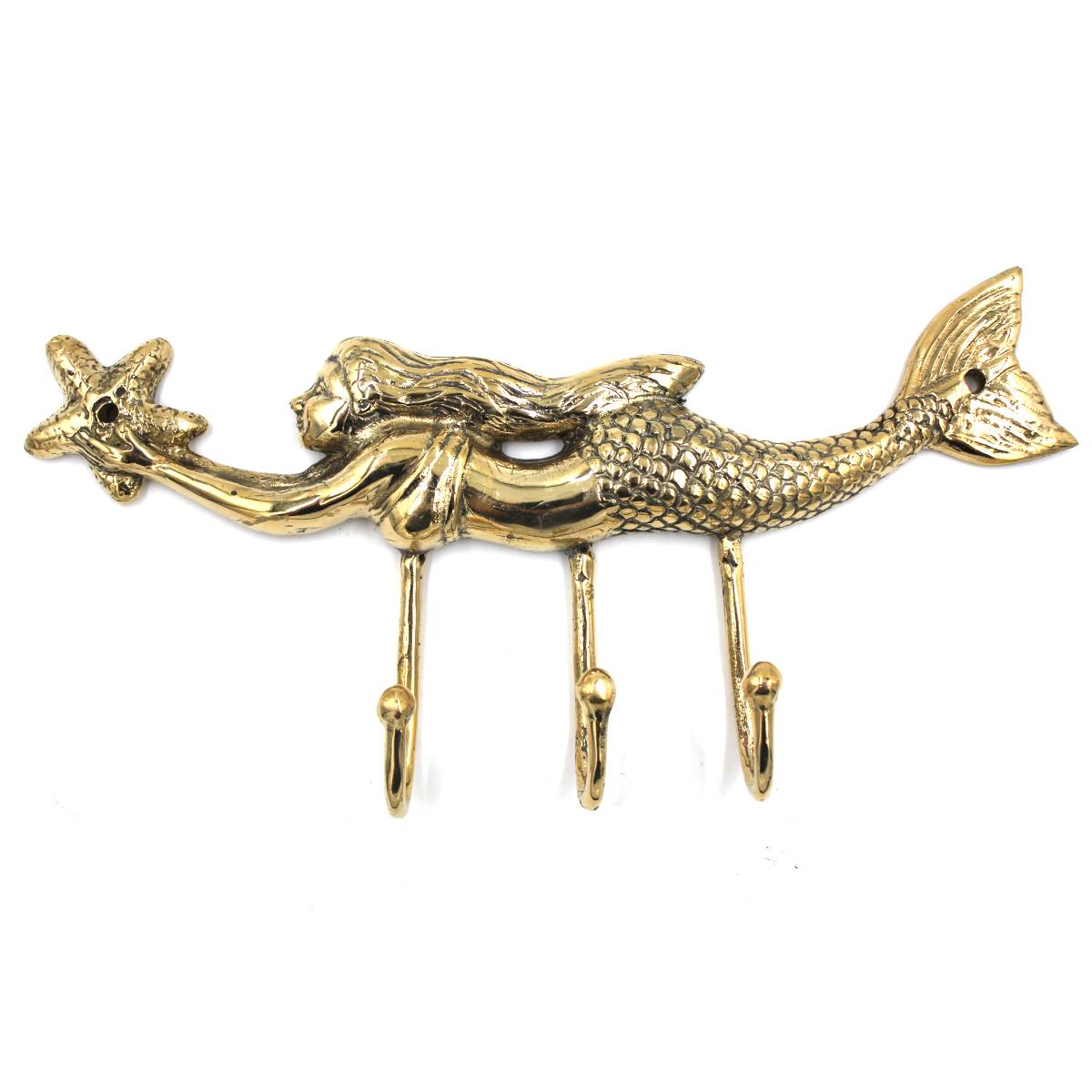 Brass Swimming Mermaid & Starfish Triple Wall Hook