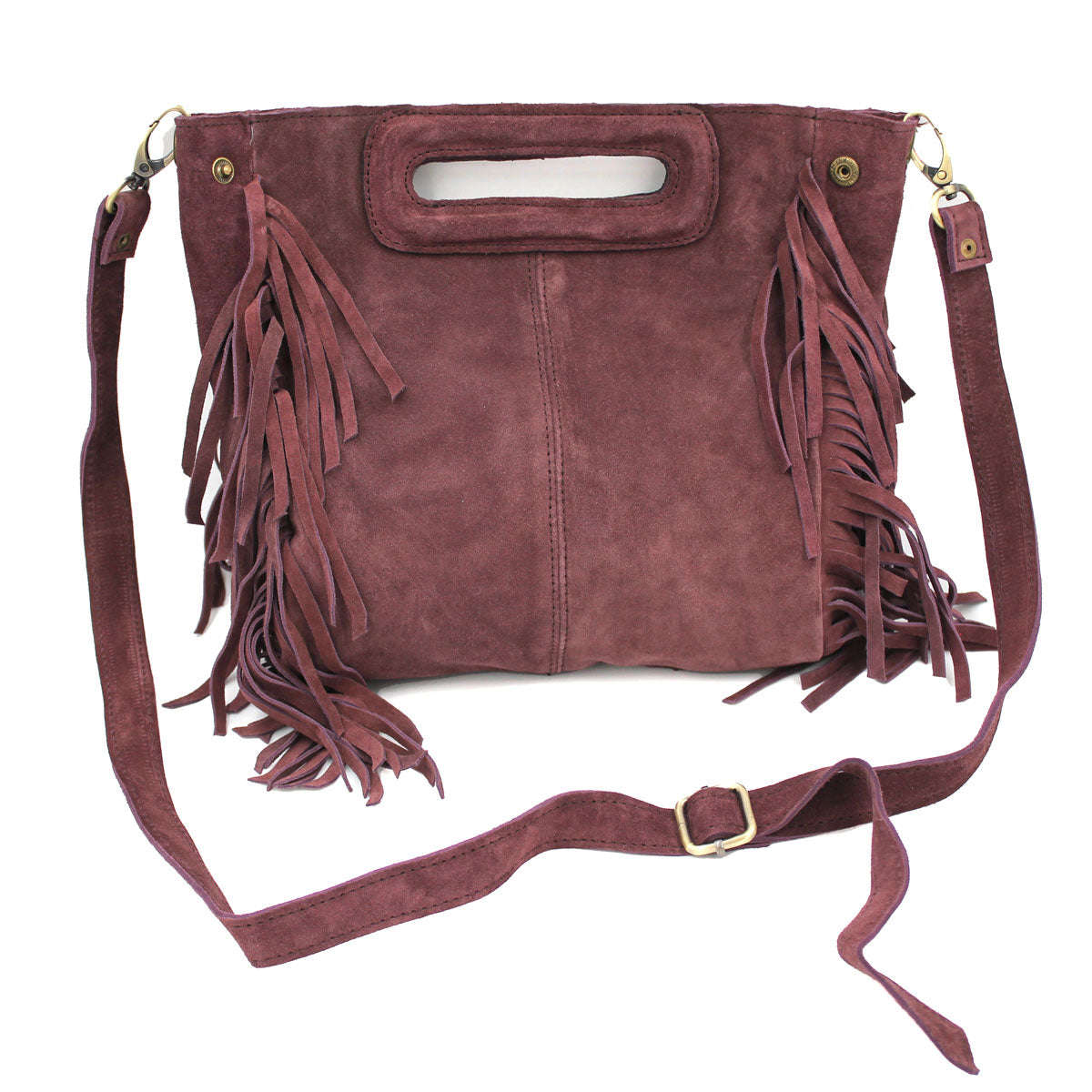 Cut Out Handle Suede Convertible Fringe Bag | Moroccan Leathers