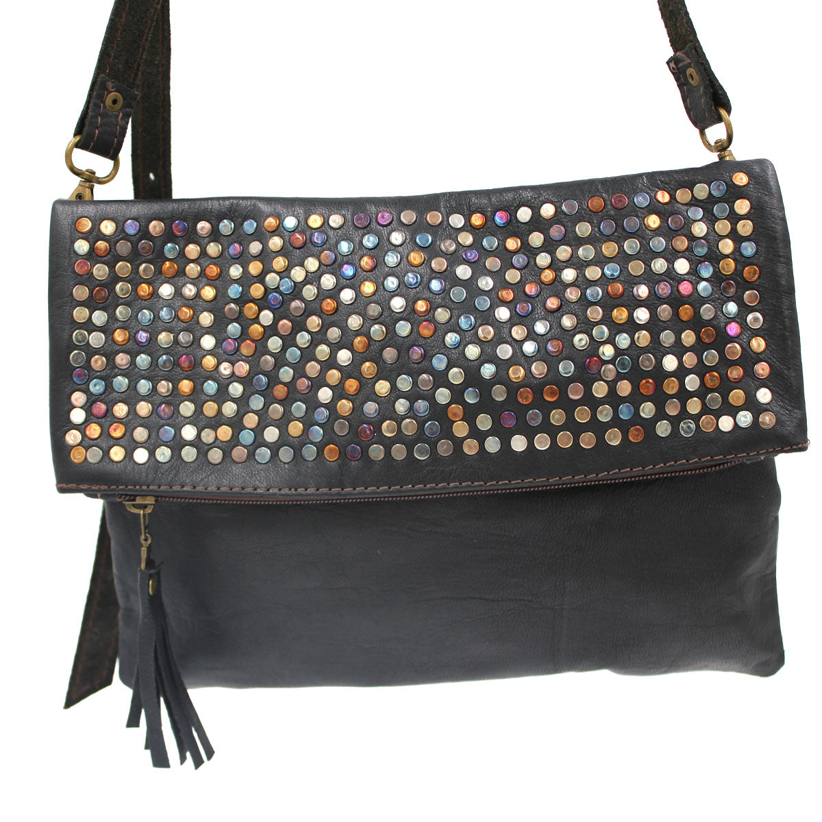 Multi Metal Studded Foldover Crossbody Purse | Moroccan Leathers