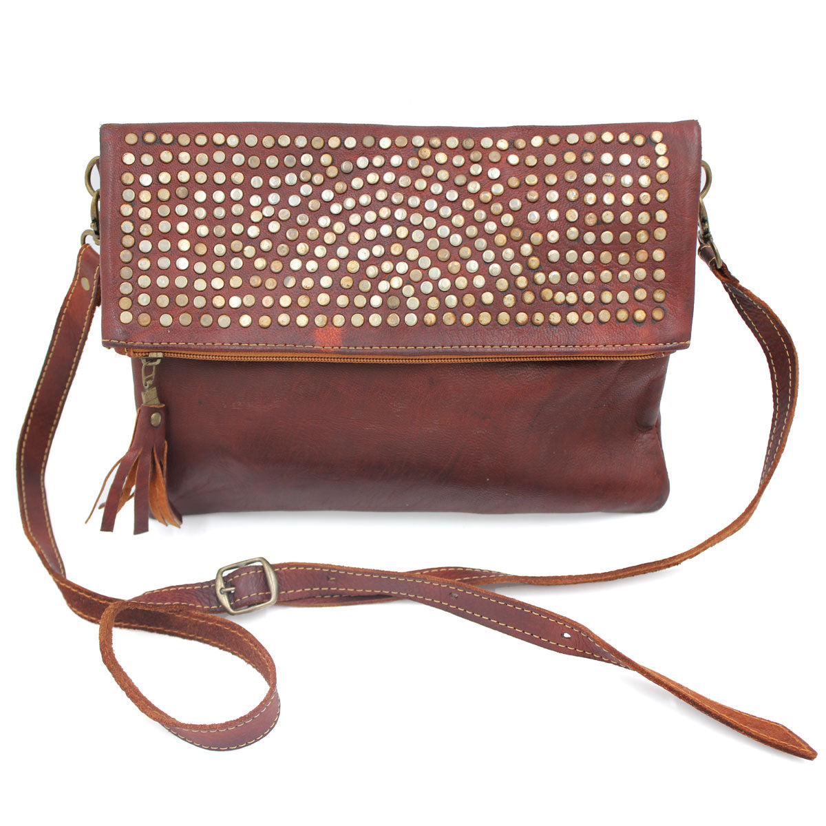 Multi Metal Studded Foldover Crossbody Purse | Moroccan Leathers