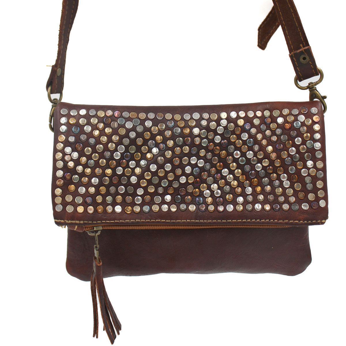 Multi Metal Studded Foldover Crossbody Purse | Moroccan Leathers