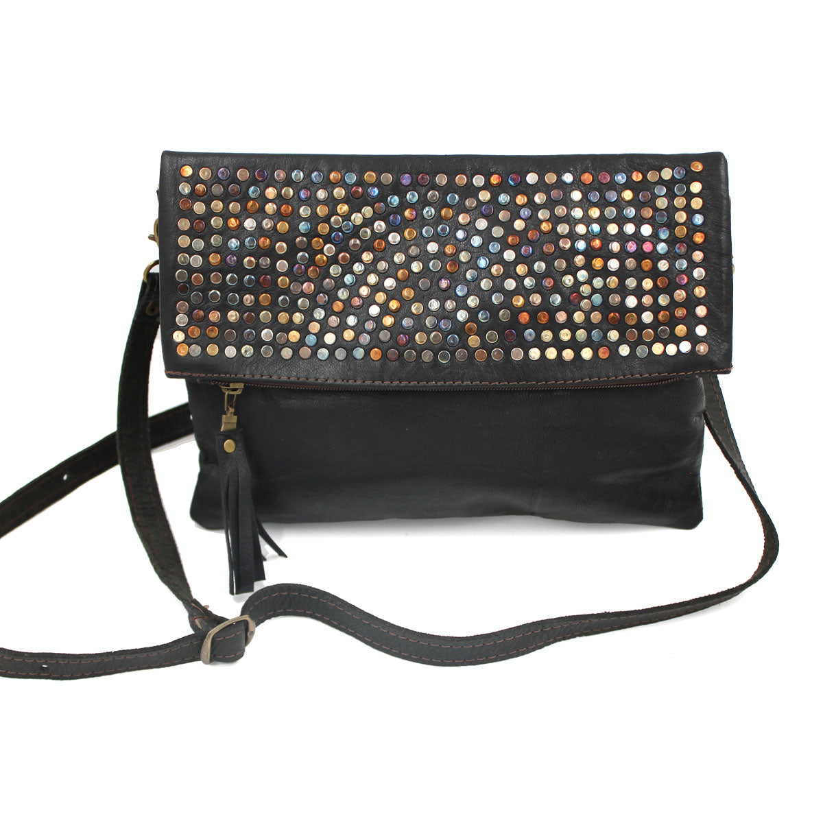 Multi Metal Studded Foldover Crossbody Purse | Moroccan Leathers