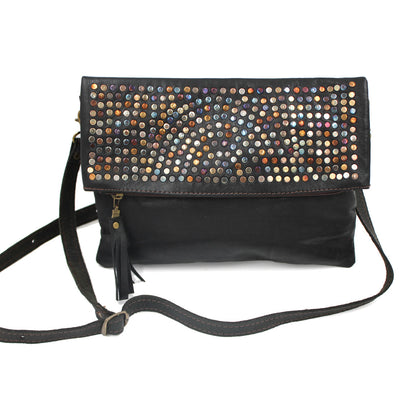 Multi Metal Studded Foldover Crossbody Purse | Moroccan Leathers