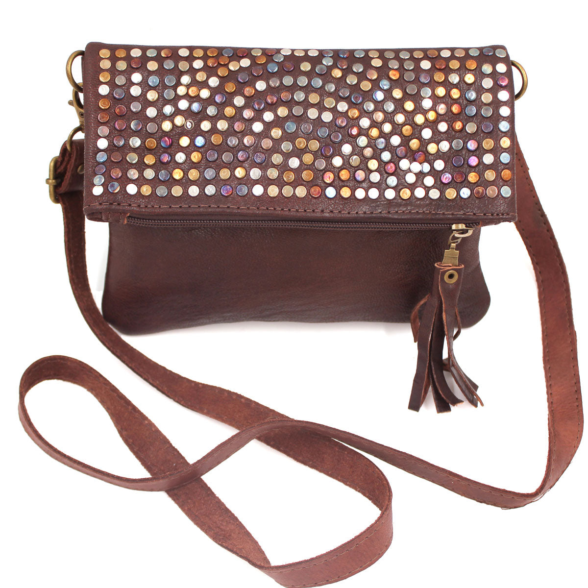 Multi Metal Studded Foldover Crossbody Purse | Moroccan Leathers