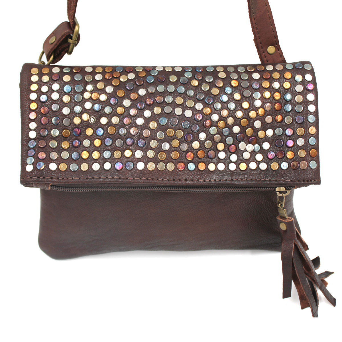Multi Metal Studded Foldover Crossbody Purse | Moroccan Leathers