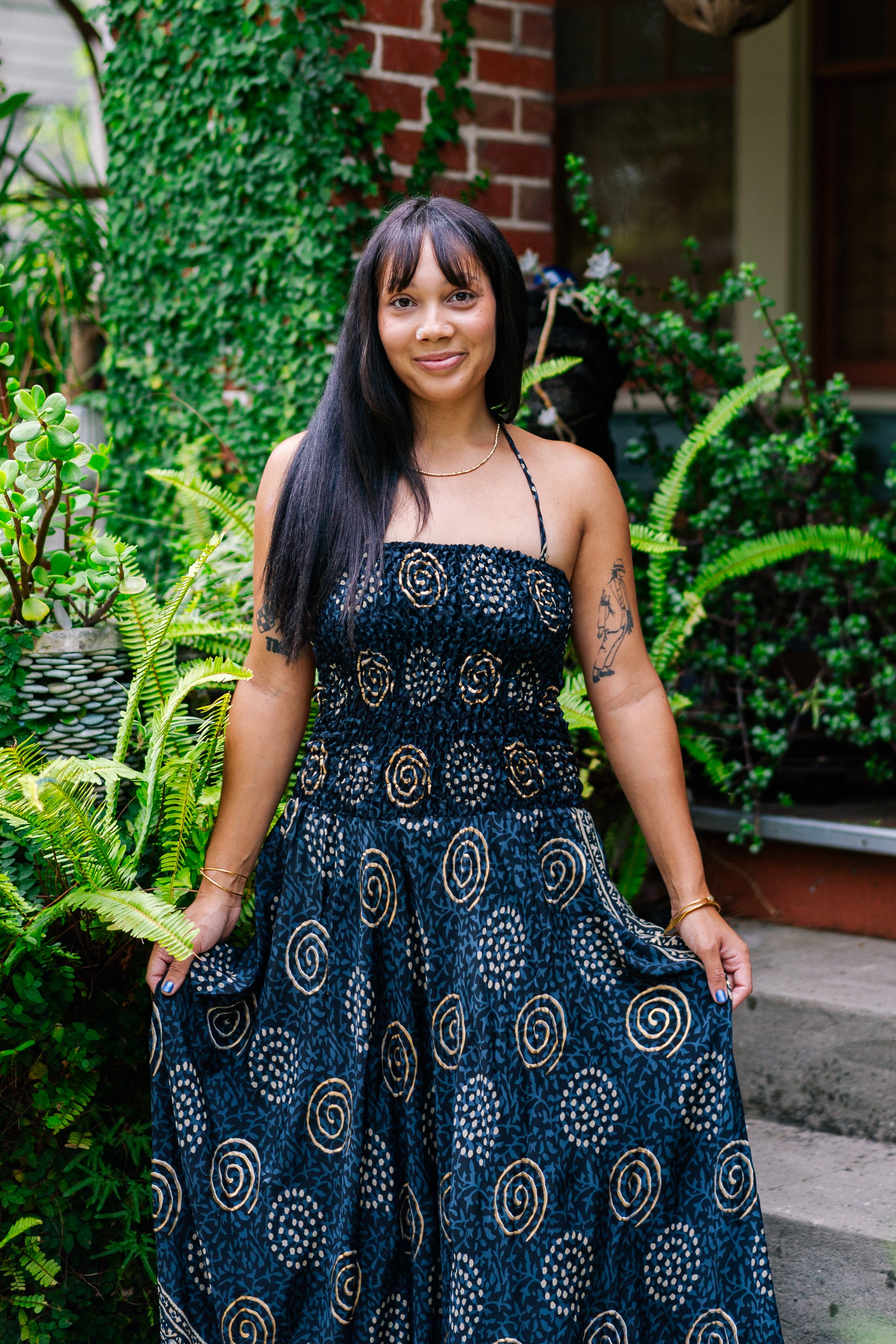 Golden Swirls Fit & Flare Maxi Dress – Midnight Sun