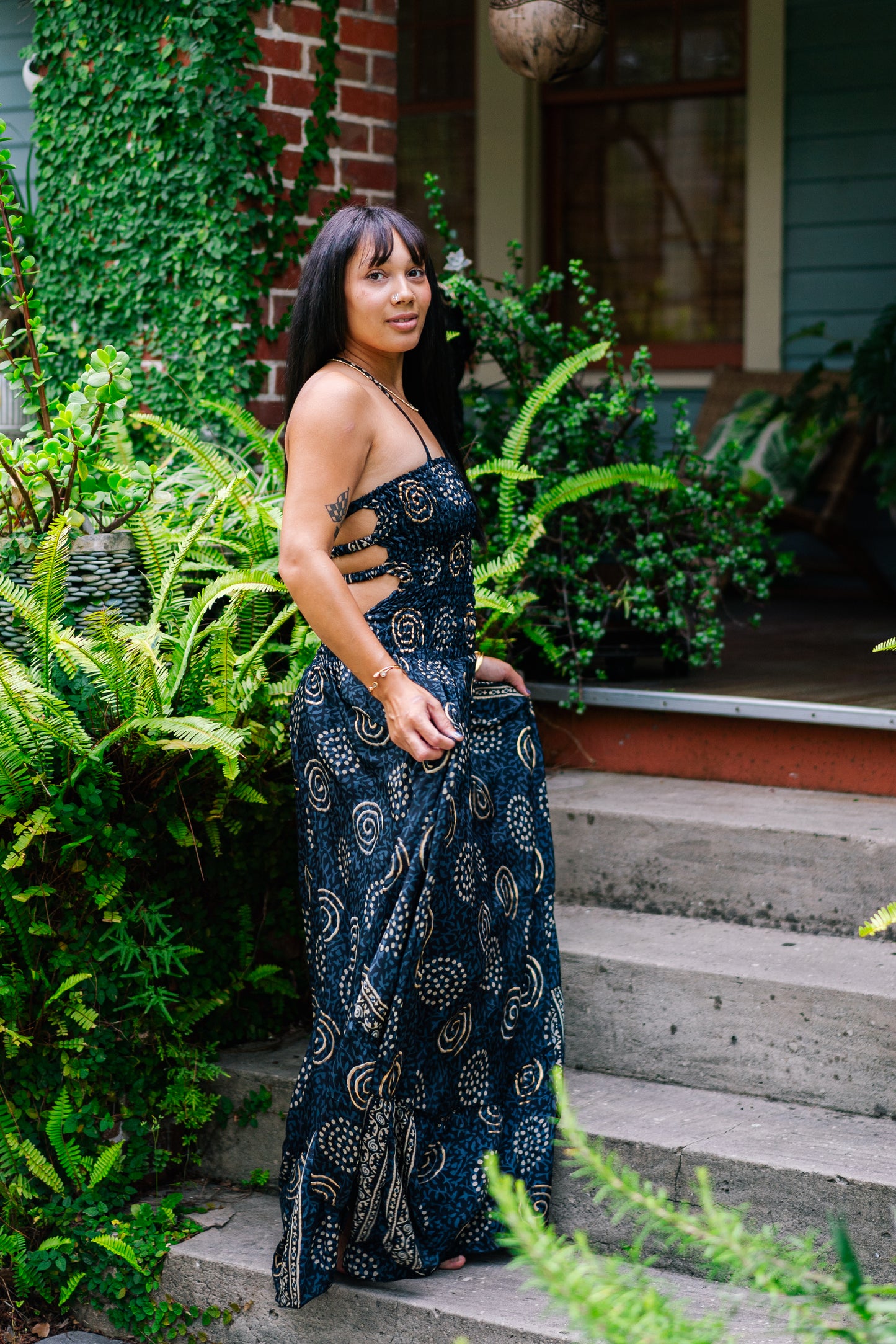 Golden Swirls Fit & Flare Maxi Dress