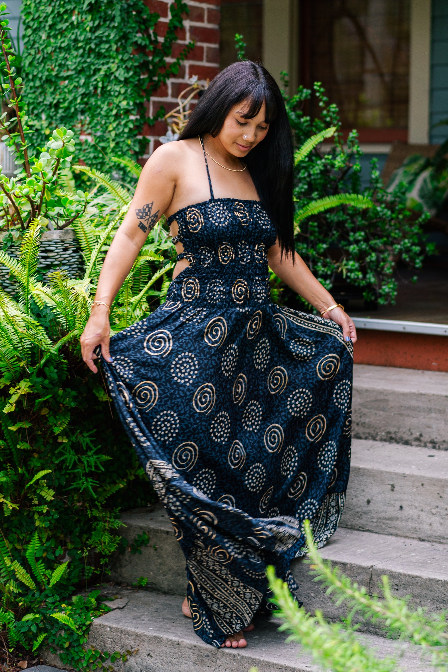 Golden Swirls Fit & Flare Maxi Dress