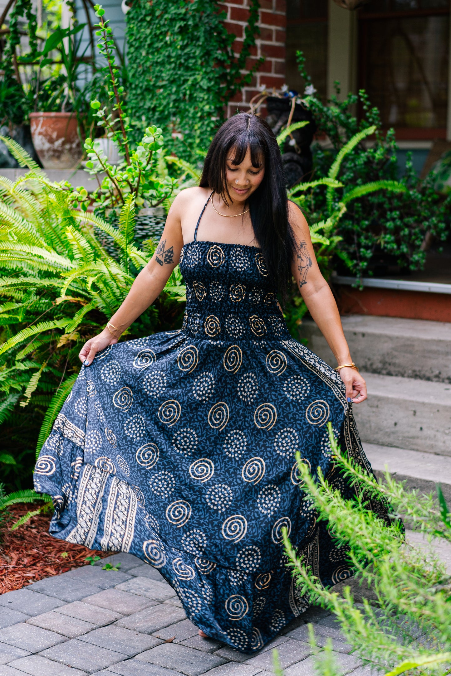 Golden Swirls Fit & Flare Maxi Dress